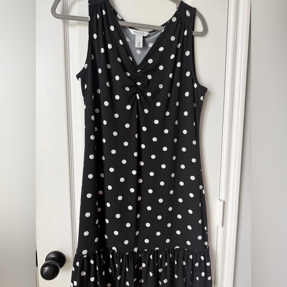NWT WHBM
Black and White Polka Dot Dress with ruffle trim